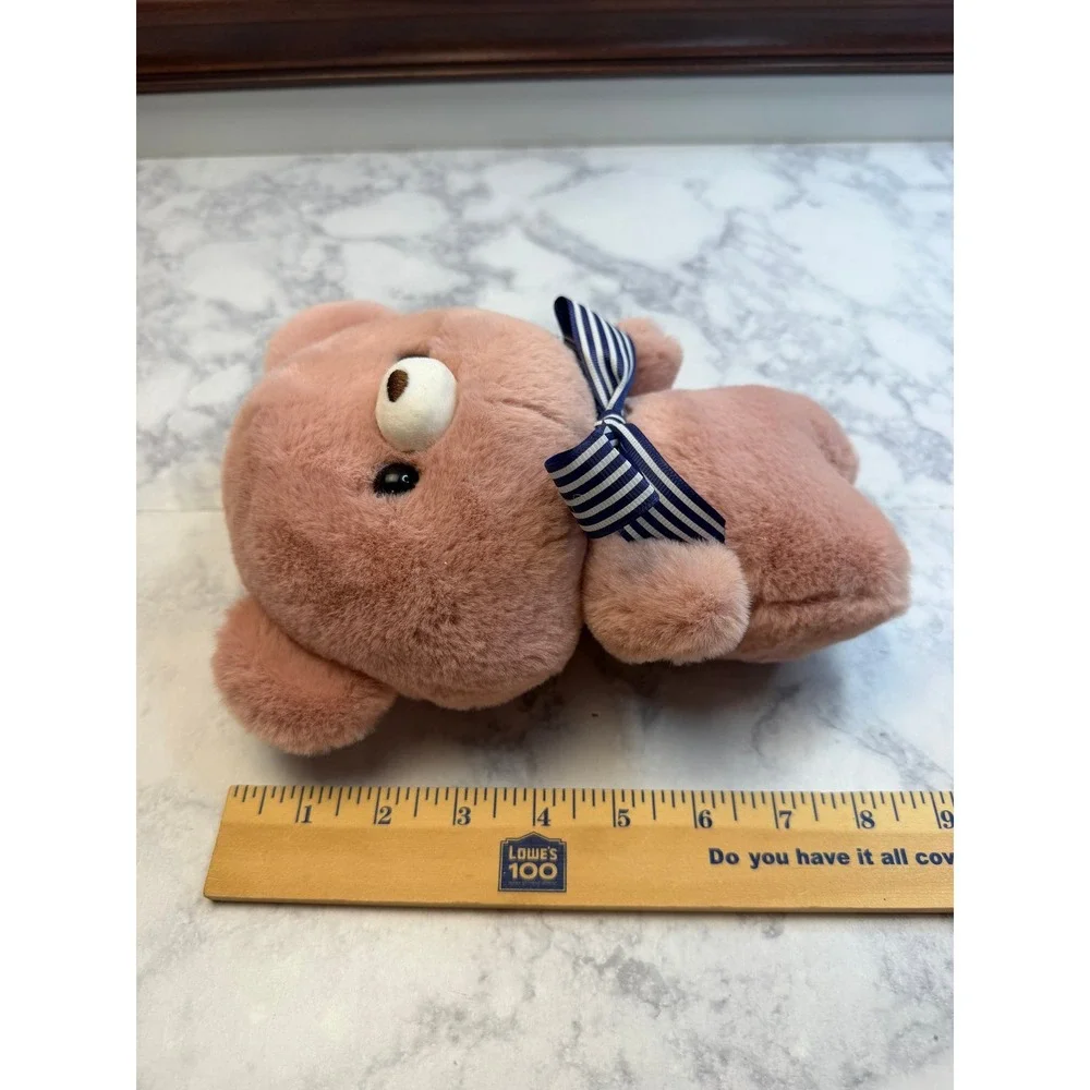 Kawaii Pink Teddy Bear Plush Stuffed Animal with Blue Striped Bow 9 Inch